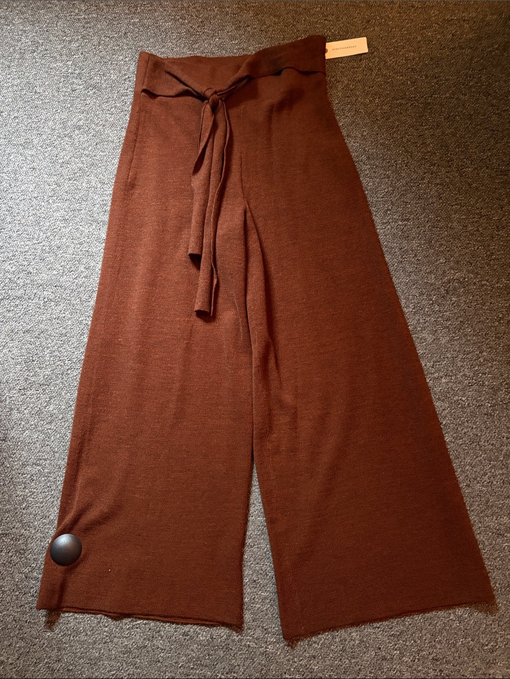 Anthropologie Wide-Leg Knit Pants in Rich Brown with Tie Waist
